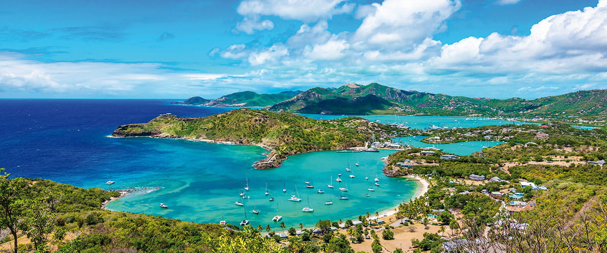 Bright and colourful aerial view of harbour, Antigua